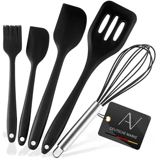 AVANA Silikon Küchenhelfer Set, 5 Stück Küchenutensilien Hitzebeständig Kochen Antihaft Kochgeschirr Schneebesen, Spachtel, Backpinsel, Pfannenwender (Schwarz)