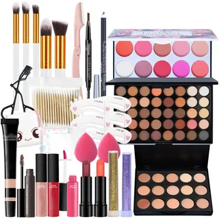 Alles in Einem Make-Up-Set, 28 Stück All in One Make up Geschenkset mit Lidschatten Palette Lippenstift Concealer, Kosmetik Schmink Starter Kit mit Kosmetiktasche für Teenager-Mädchen Frauen
