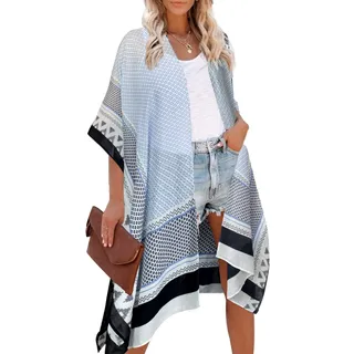 HIKARO Langer Kimono-Cardigan für Damen, Blumenmuster, Strand-Bikini, Sarongs, Bedruckt, Boho-Strickjacke, vorne offen, lose Schal-Bluse, Sommer, für Damen, Hellblau - Einheitsgröße