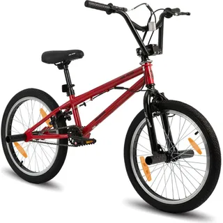 Hiland 20 Zoll Kinder BMX Fahrrad für Jungen Mädchen, 360 Grad Rotor Freestyle, 4 Pegs Single Speed Kinder BMX Fahrrad,Doppel-U-Bremse, Rot - Rot