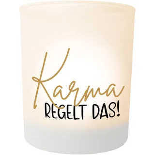 Geschenk: Teelichthalter Karma regelt das! – Teelichtglas Windlicht Deko - Geburtstag Weihnachten Geschenk für Freunde Kollegen Familie