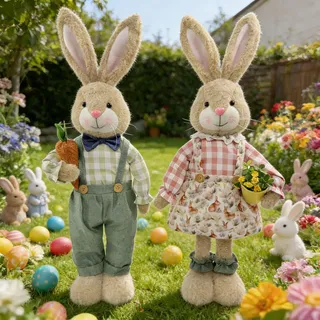 Osterhasen Figuren Groß, 2 Stück Osterdeko Osterhase mit Teleskopbeinen, Frühlingsdeko Hase Statue, Ostern Deko Hase, Plüsch Osterhasen Puppen, Kaninchen Kuscheltier für Gartendeko Tischdeko Modern