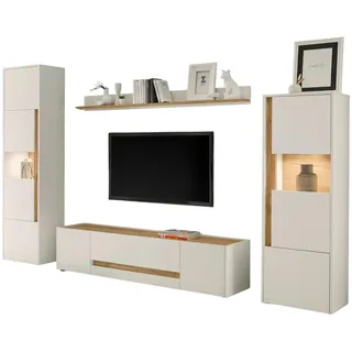 furn.design Wohnwand, weiß, Eiche Wotan 4-teilig 310 cm, Wohnkombination modern