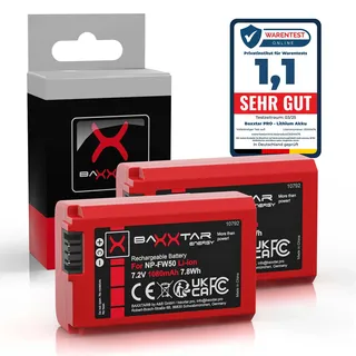 Baxxtar 2X Akku Ersatz für Sony NP-FW50 FW50 DSC-RX10 Mark I-IV, 1080mAh | Ersatzakku für Alpha 7 7R 7II 7S A5000 A6000 A6300 A6400 A6500 ZV-E10 DSC RX10 Mark II III IV RX1R III DSC-RX1RM3