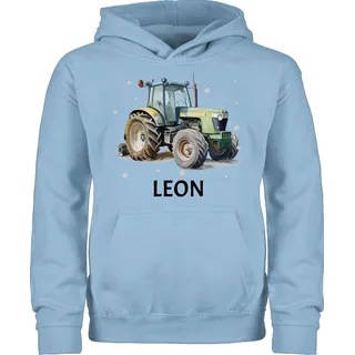 Kinder Hoodie Jungen Mädchen - Trecker Name I Trecker Fan I Traktor Geschenk personalisiert I Geschenk Landwirt - 98 (1/2 Jahre) - Hellblau - Traktoren Pullover Junge Bulldog Leon Pulli - 98