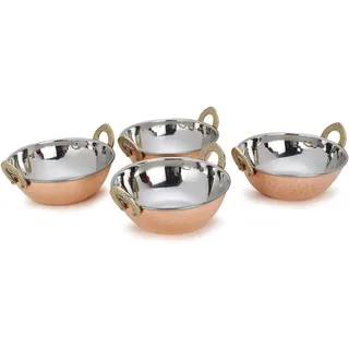 Avs Stores®, indisches Karahi-Kupfer-Serviergeschirr, Schüsseln für Gemüse / Abendessen, mit massivem Messing-Griff, für indische Speisen, Durchmesser 13 cm, 4er-Set