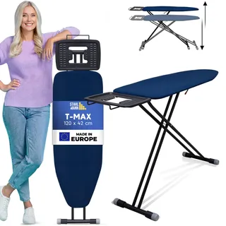 NUR FÜR Kurze Zeit! STAHLMANN ® großes Bügelbrett [120x38 Bügelfläche] mit Kleidungsplatte – robuster Bügeltisch – extra stabiles Bügelbrett [Made IN EU] – Tischbügelbrett