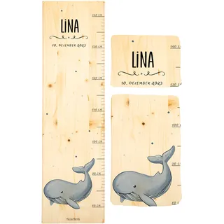 Muckelmeister Messlatte Kinder aus Holz personalisert 80-140cm - Muckelfreunde - 70x20x2cm Kinderzimmer Deko - Geschenke zur Geburt - Maßband Kinder Wand - Geschenkidee Kleinkind - Wal