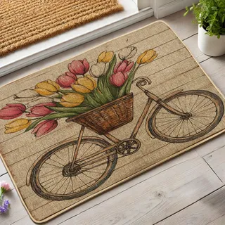 Fußmatte mit Frühlingsblumen-Motiv, bunte Tulpen, Gummi-Eingangsmatte für Außen- und Innendekoration, rutschfest, staubabsorbierend, leicht zu reinigen, 73,2 x 43,2 cm