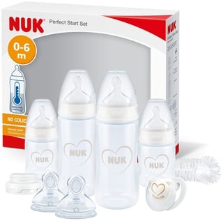 NUK Perfect Start First Choice+ Babyflaschen-Set | 0–6 Monate | 4 x Flaschen mit Temperaturkontrolle, Schnuller, Flaschenbürste & mehr | BPA-frei | grau & weiß | 10-teilig