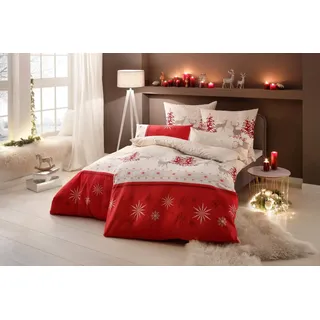 MY HOME Bettwäsche Venua in Gr. 135x200 oder 155x220 cm, Biber, 2 teilig, Winterbettwäsche, Weihnachtsbettwäsche beige|rot
