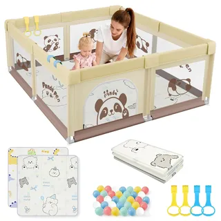 SPYLAVE Laufstall Baby 150x150 mit Matratze, Großes Laufgitter Baby mit Saugnapfbasis, Atmungsaktivem Netz und 210D Oxford Gewebe, Stabiler & Sicherer Babyspielplatz, Schutzgitter für Kinder, Panda