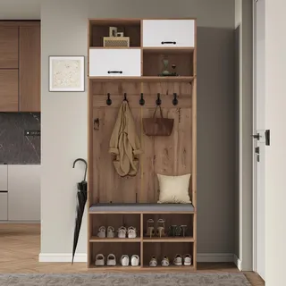 ModernLuxe Garderobenset Flurgarderobe Komplett-Set 80×185×35 cm – Multifunktionale Garderobe mit Sitzbank, 5 Haken, 2 Türen, 6 Offene Lagerfächer, Naturholzfarbe & Weiß