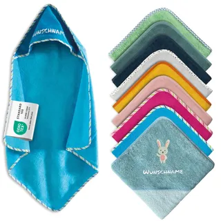 Kapuzenhandtuch Baby mit Namen Bestickt, Oeko-TEX® Standard 100 - Personalisiertes Babyhandtuch mit Kapuze aus Reiner Baumwolle mit gesticktem Namen und Motiv (Petrol, 100 x 100 cm)