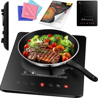 Kesser KESSER® Induktionskochplatte Induktionskochfeld Tragbare 28cm Kochplatte + 3x Mikrofasertuch + 1x Rezeptbuch, Heizstufen, Stunden-Timer, Touch-Steuerung, Booster-Funktion 220-240V