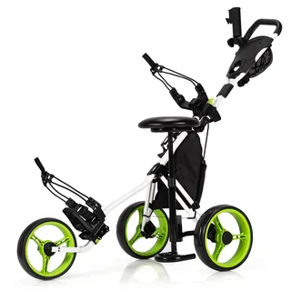 COSTWAY Golf Trolley, 3 Rad Golftrolley klappbar, Golfcaddy aus Aluminum mit Sitz, Verstellbarer Griffe & Vorderrad, Golfwagen mit Schirmhalter & Aufbewahrungstasche (Grün, Mit Sitz)