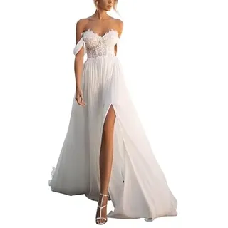 SEVENYXX Damen Brautkleider Standesamt Schulterfrei Hochzeitskleider Chiffon Brautkleid mit Schlitz, Ivory, 32 - 32
