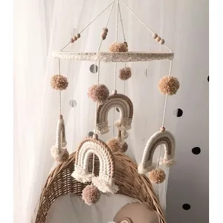 Baby Fancyroom Hängedekoration Makramee Babymobile Mobile Baby Windspiel Regenbogen Handmade (Rassel Spielzeug, Für Mädchen oder Junge), mit liebevollen Details beige|braun