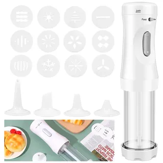 Abizarch Elektrische Plätzchenpresse DIY Cookies Maker Set mit 12 Keksscheiben und 4 Zuckergussdüsen Elektrische Kekspresse Dekorieren Kit Abnehmbare Cookie Maker Maschine Elektrische Plätzchen