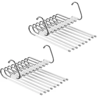Relaxdays Mehrfach Hosenbügel, 2er Set, Hosenhalter 9-fach, rutschfest, platzsparende Multibügel, Metall, Silber/weiß