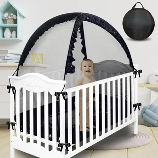SESAMIS Moskitonetz für Kinderbetten mit Fluoreszierenden Sternen, Perfekt für Babybett/Gitterbetten, Gitterbett oder Laufstall, Mit Kielrahmen, Installationsfrei, 140 * 70 * 130CM, Schwarz