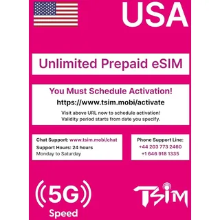 USA SIM-Karte für Reisen in die USA PrePaid. T-Mobilfunknetz mit unbegrenzten Daten, Anrufen und SMS. Neue verbesserte 5G-SIM-Karte! (4 Tage eSIM)