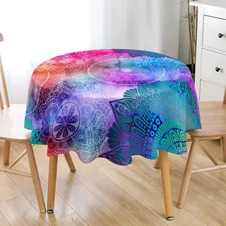 Hiseng Böhmen Mandala Multicolor Runde Tischdecke für Runde Tische, Abwaschbar Wasserdicht Fleckschutz Tischtuch für Outdoor Garten Home Dekoration - Verschiedene Größe (Bunt,150cm)