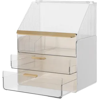 Kosmetik-Organizer mit Deckel und Schubladen, Make-up Organizer Kosmetik Aufbewahrung mit Deckel, 3 Etagen Schminke Box mit 2 Schubladen, Transparenter Halter (Weiß)