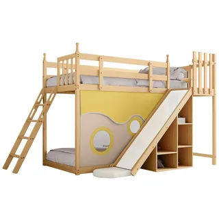 HAUSS SPLOE Kinderbett Etagenbett Hochbett Kinderbett Stockbett mit Lattenrost Bettrahmen (mit Treppe und Zäune, mit Bettvorhang, Rutsche und Regal, mit Fallschutz und Gitter, Rahmen aus Kiefer), 90x200cm, Ohne Matratze beige