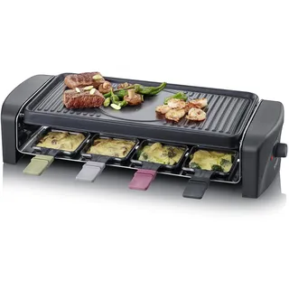SEVERIN Raclette-Grill, Raclette mit großer antihaftbeschichteter Grillplatte und 8 Raclette Pfännchen, Tischgrill für bis zu 8 Personen, 1.400 W, schwarz, RG 9646