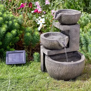 Festive Lights - Solar Gartenbrunnen 3-Stufige Stein Kaskade, Springbrunnen Wasserspiel, IP44 Wasserdicht, Vogelbad Wasserfall, inkl. Pumpe Grauer Steineffekt