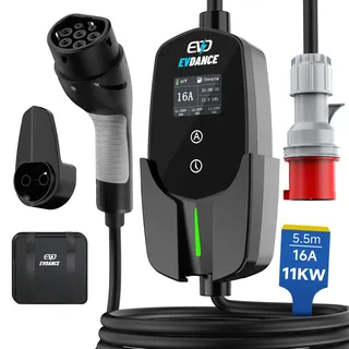 EVDANCE Mobile Wallbox/Ladestation 11kW [3-phasig|5.5m|6-16A] Typ 2 Ladekabel CEE 16A auf Typ 2 mit Einstellbarer Ladeleistung für Elektroauto, Schwarz