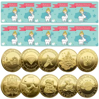 10 Stück Zahnfee Münze mit Verschiedenen Mustern und 10 Stück Zahnfee Urkunden, Zahnfee Geschenke Mädchen Jungen, Verlorenen Zahn Kinder Geschenke Souvenir