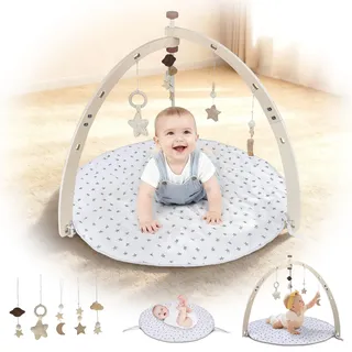 Nastopee Spielbogen Baby, Sensorisches Motorikspielzeug mit 5 Abnehmbaren Spielzeugen, Faltbarer Holz Spielbogen für Bauchzeit & Reisen, Montessori Geschenk für 0-18 Monate