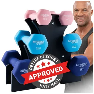 Miweba Sports Hantel-Set Premium Gymnastikhantel-Set NKH120 inkl. Hantelablage, (rutschfest - Fitness Sport Muskelaufbau Training Hantel Set Kurzhantelset Kettlebell Set, 3 Farben, Neopren, Hexagon-Form, 1 kg - 2 kg - 3 kg), Kurzhantel Aerobic Hantel Set Fitnesshanteln Gewichte blau|rosa