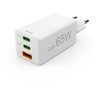 Hama Schnellladegerät GaN 2x USB-C 1x USB-A Mini-Ladegerät PD 65 W Weiß