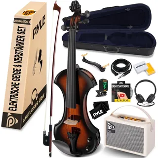 Pyle Elektrische Geige, 4/4 mit Koffer und Bogen- E- Violine Set mit Stimmgerät Verstärker und Zubehör für Übung mit Kopfhörer, Bühne, Band und Recording