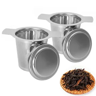 2 Stück Teesieb für Losen Tee,Edelstahl 304 Teefilter,Teesieb für Tasse mit Doppelgriff und Deckel,Wiederverwendbar Tee Sieb für Die Meisten TeeTassen und Tee-Schalen (Klein)