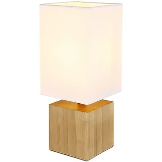 Tischlampe Holzleuchte Nachttischlampe Tischleuchte Wohnzimmer Leselampe Textil weiß, eckig, 1x E27, LxBxH 12x12x30 cm
