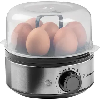 Bestron Eierkocher für 7 Eier, mit akustischen Signalton & Trockenlaufschutz, stufenlose Härtegradeinstellung für drei Stufen, inkl. Messbecher & Eierstecher, Farbe: Silber