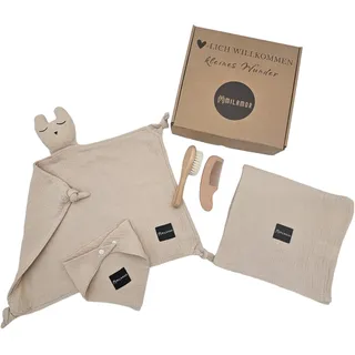 MILAMOR 100% Bio-Baumwolle GOTS 5-Teilig Baby Geschenk zur Geburt für Neugeborene, Neugeborene Geschenkset für Junge und Mädchen, Geschenkset Baby, Baby Neugeborene Decke, Kuscheltuch SCHMUSE-HASE
