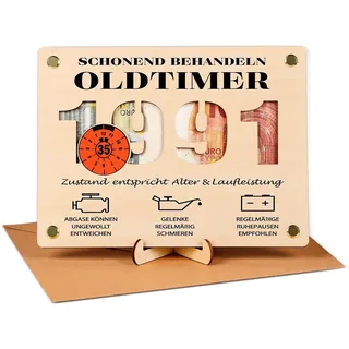 Giftota 2026 Geldgeschenk 35 Geburtstag Männer, Witzige Geldgeschenke Holz mit Umschlag, Geschenk 35 Geburtstag Männer - Schonend Behandeln 1991 Oldtimer