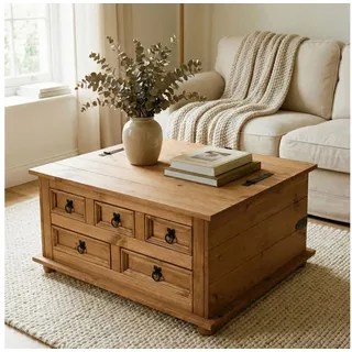 IDIMEX Truhentisch TEQUILA, Mexico Truhe mit Deckel & 5 Schubkästen, Kiefer Massivholz gewachst braun