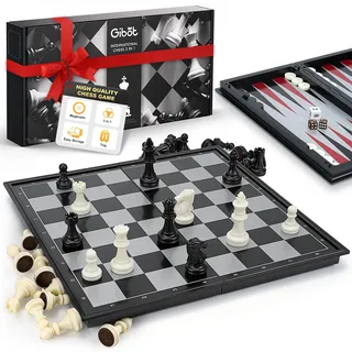 Gibot Schachspiel Magnetisch, 3-in-1 Schachspiel Hochwertig, Einklappbar Schachbrett, Reiseschach, Schach für Kinder und Erwachsene, Schwarz und Weiß 32 × 32 cm