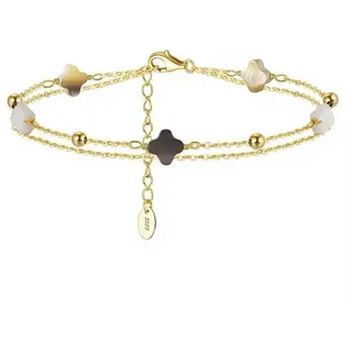 Runde Perlé Silberarmband zartes Armband Kette mit Kleeblatt aus Muschel, 925 Sterling Silber, 14K Gold, handgefertigtes Armband (inkl. Geschenkverpackung) goldfarben