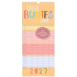 ALPHA EDITION GmbH & Co. KG Familienplaner Unser buntes Jahr 2027: bunter Familienkalender 20x45 cm mit 5 Spalten, Feiertagen, Mondphasen, ideal für Familienorganisation