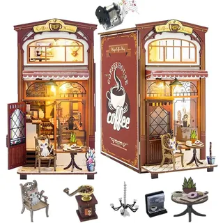 TOPBSFARNY DIY Book Nook Kit, Cafe Mini 3D Architektonisches Modell Holz Snap Fit Buchständer mit Möbeln und LED-Lichtern, Miniatur-Puppenhaus-Kits für Erwachsene