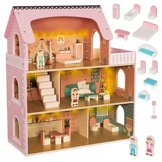 Kruzzel Puppenhaus aus Holz XXL 70 cm mit LED-Beleuchtung & Möbeln – 3 Etagen / 5 Zimmer + Balkon – Komplett-Set, sicher & robust – für Kinder ab 3 Jahren – KRUZZEL (27×62×70 cm)