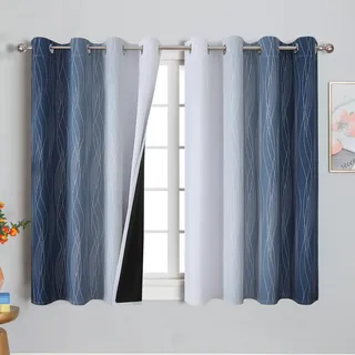 VEHEDE Ombre Dunkelblau und Weiß Farbverlauf Thermovorhang Kälteschutz Gardinen mit Ösen, Wohnzimmer Schallschutz Blickdicht, Fenster Wärmeisolierende Vorhänge 160 cm Lang, H 160 x B 132 cm, 2er Set
