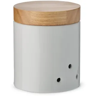 KHG Zwiebeltopf Keramik Steingut Weiß Holzdeckel Bambus, Zwiebel Aufbewahrung, 1kg Kapazität, Zwiebeldose rund, atmungsaktive Luftlöcher, Oberfläche glänzend glasiert Emaille, unbeschriftet